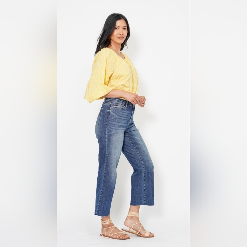 Judy Blue HR Wide Leg Raw Hem Cropped Denim Jeans Embroidered Pockets 5/27 - Picture 7 of 12